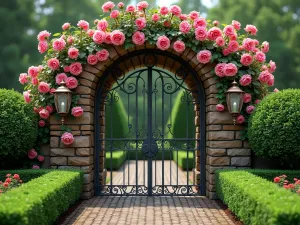 Vintage Garden Gate with Roses - A weathered wrought iron garden gate covered in climbing English roses, with vintage copper lanterns on either side, set against a backdrop of neatly trimmed boxwood hedges, photorealistic style