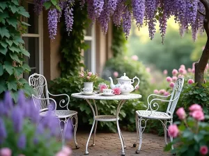 Vintage Tea Garden Corner - A cozy English tea garden corner with a weathered white iron table and chairs, surrounded by blooming lavender and pink roses, with vintage teacups and a steaming teapot, soft afternoon light filtering through climbing wisteria overhead