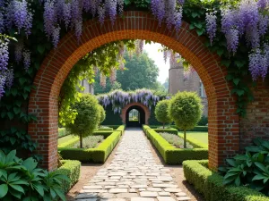 Walled Garden Gateway - Wide angle view of an old brick archway covered in wisteria, leading into a secret garden with espaliered fruit trees along the walls