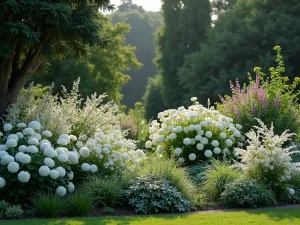 White Garden Border - Moonlit garden border inspired by Sissinghurst, featuring white roses, lilies, and phlox with silver-leaved plants creating a luminous effect