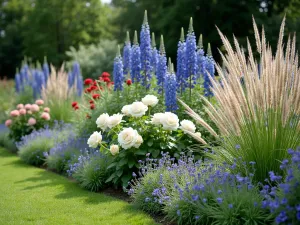 Wild English Garden Border - Natural-looking mixed border with Gertrude Jekyll roses, blue delphiniums, white digitalis, and flowing ornamental grasses creating a relaxed English garden feel