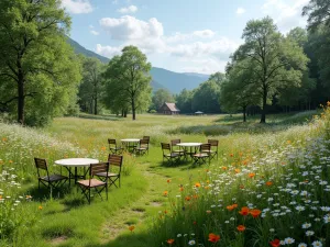 Wildflower Tea Meadow - A wide-angle view of a natural tea garden setting with wildflower meadow, featuring scattered bistro sets among cornflowers, poppies, and ox-eye daisies