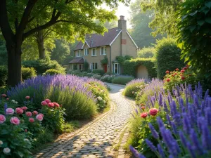 Winding Cobblestone Garden Path - A winding cobblestone pathway through an English cottage garden, bordered by lavender and roses, with dappled sunlight filtering through overhead trees, photorealistic