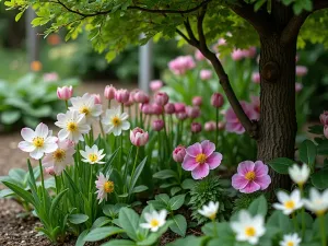 Woodland Corner Garden - Close-up of a small shaded corner garden with hellebores, wood anemones, and naturalized bulbs under a small ornamental tree