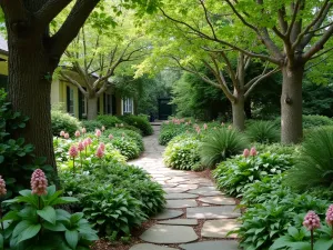 Woodland Edge Garden - Natural-style front garden incorporating shade-loving plants like hellebores, ferns, and primroses under mature trees, with a winding stone path