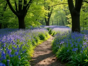 Woodland Garden Path - A shaded woodland garden path winding through naturalized bluebells, primroses, and ferns beneath mature trees