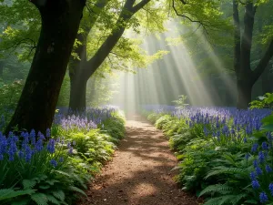 Woodland Garden Trail - A natural mulch pathway winding through a shaded English woodland garden, lined with bluebells and ferns, morning mist hanging in the air