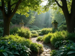 Woodland Shade Garden - Intimate view of a shaded garden area with hostas, ferns, and digitalis thriving under mature trees, dappled sunlight filtering through