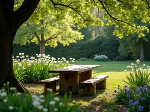 Woodland Tea Garden - A shaded garden setting under mature trees, with dappled sunlight falling on a rustic log table and chairs, surrounded by shade-loving plants and spring bulbs