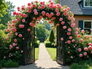 Wrought Iron Rose Arch Gateway - Elegant black wrought iron arch covered in rambling roses, creating garden entrance, wide angle view