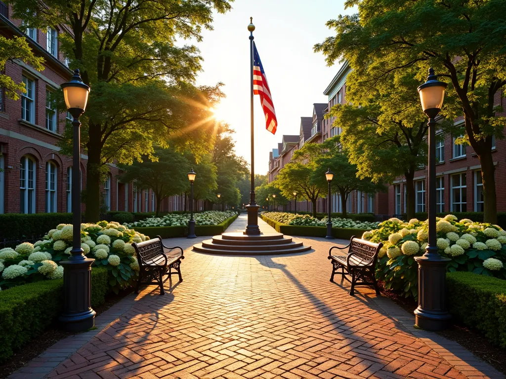 Classic Brick Plaza with Flag Pole - A wide-angle DSLR photo of an elegant brick plaza with intricate herringbone pattern, centered around a majestic American flag pole at golden hour. Traditional wrought iron benches and Victorian-style lamp posts frame the space. Lush hydrangea bushes in full bloom and perfectly manicured boxwood hedges line the perimeter. The warm evening sunlight casts long shadows across the detailed brickwork, while brass plaques and decorative iron medallions add historical character. The composition captures the entire plaza with the flag gently waving in the breeze, shot at f/8 for optimal depth of field, showcasing the rich textures of the materials and the harmonious blend of hardscape and classic garden elements.