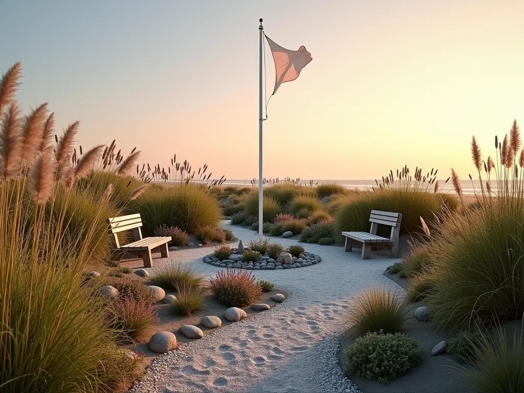 Coastal Flag Pole Garden at Sunset - A serene coastal garden at golden hour, featuring a tall white flag pole centered in a naturalistic landscape. Swaying ornamental beach grasses and native coastal flowers create a windswept scene around a circular garden bed. Weathered driftwood benches and decorative shells line a winding pebble path. Sea oats and native dune flowers provide movement and texture. Soft evening light casts long shadows across a bed of fine sand and crushed shells. Shot from a low angle to capture the flag pole against the warm sunset sky, with beach grass silhouettes in the foreground. 16-35mm lens creating a dramatic wide perspective that shows the full garden design.