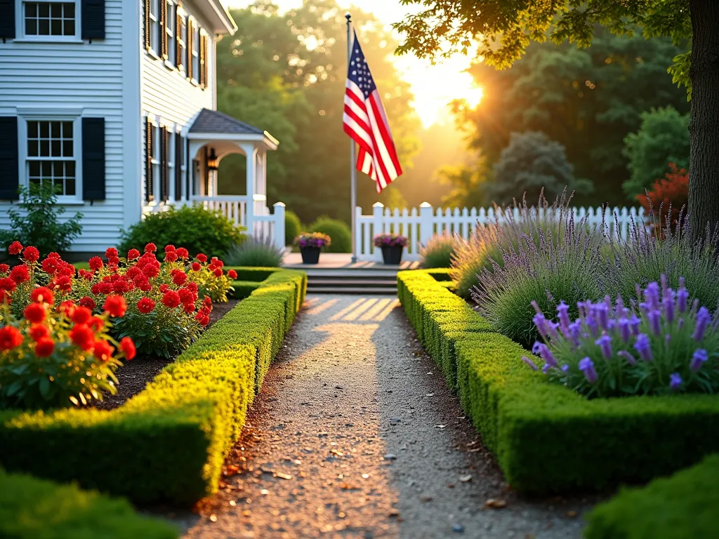 Colonial Garden with Flag Pole at Dawn - A wide-angle shot of a meticulously maintained colonial garden at dawn, with golden sunlight filtering through. Symmetrical boxwood hedges create formal pathways leading to a central flag pole. Traditional wooden benches rest against white picket fencing. Clusters of vibrant red bee balm and purple phlox bloom alongside the crushed stone pathway. Heritage herbs like lavender and sage grow in organized beds. Morning dew glistens on the manicured greenery, creating a timeless, patriotic scene with historical authenticity. Architectural elements include a white colonial-style house in the background with traditional shutters and colonial lanterns.