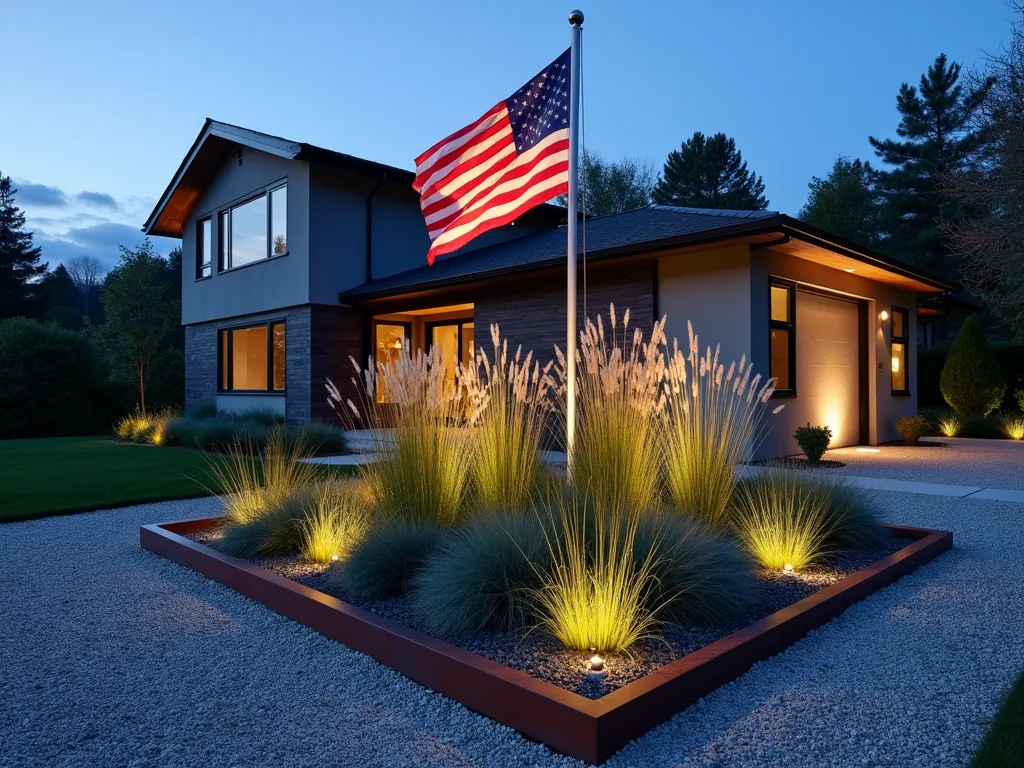 Modern Flag Pole Garden with Steel Borders - A sophisticated flag pole garden at dusk, featuring sleek Corten steel edging creating geometric borders around the base. The weathered steel forms crisp angular lines against crushed granite. Tall Calamagrostis 'Karl Foerster' grasses provide vertical interest, while Blue Fescue creates sculptural mounds. Strategic uplighting illuminates the American flag and highlights the architectural elements. The contemporary design is anchored by a few carefully placed Mexican Feather Grass and Black Mondo Grass for textural contrast. The clean lines and modern materials create a striking patriotic focal point in a minimalist landscape design. Wide-angle perspective capturing the entire composition with modern home facade partially visible in background.