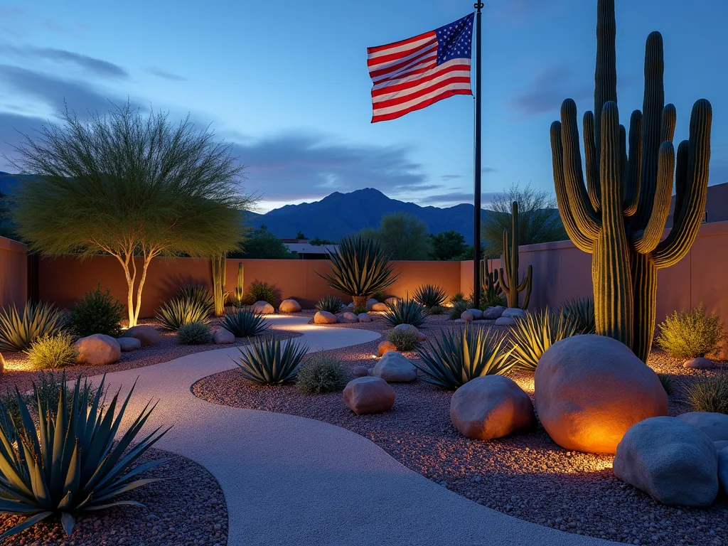 Desert Xeriscape Flag Pole Garden at Dusk - A stunning desert xeriscape garden at dusk, centered around a majestic American flag pole. Wide-angle view of a meticulously landscaped yard featuring various heights of sculptural cacti, including tall Saguaro and barrel cacti, surrounded by low-growing succulents in silver-blue and burgundy tones. Decomposed granite pathways wind through artistically placed boulders and smooth river rocks in warm earth tones. Strategic uplighting creates dramatic shadows from the cacti and illuminates the gently waving American flag. The scene is accented with copper-colored landscape lighting that highlights architectural agave plants and golden barrel cacti. Beautiful southwestern-style terracotta pots complement the desert landscape design. Photorealistic, high-end landscape photography, dramatic lighting, 8k resolution.