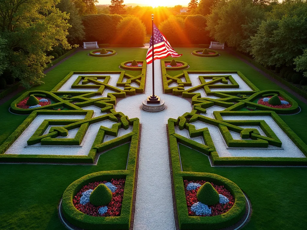 Elegant Patriotic Knot Garden with Central Flag Pole - A stunning aerial view of a formal knot garden at golden hour, featuring an elegant American flag pole as its centerpiece. Intricate geometric patterns radiate symmetrically from the flag pole's base, created by meticulously trimmed boxwood and germander hedges. The patterns form Celtic-inspired knots filled alternately with white gravel and blooming red and blue seasonal flowers. The late afternoon sun casts long shadows across the garden, highlighting the three-dimensional quality of the pruned hedges. A wide-angle DSLR shot captures the precise geometry and the American flag gently waving against a warm sunset sky, photographed with pristine clarity at f/8, ISO 100, 1/125 sec.