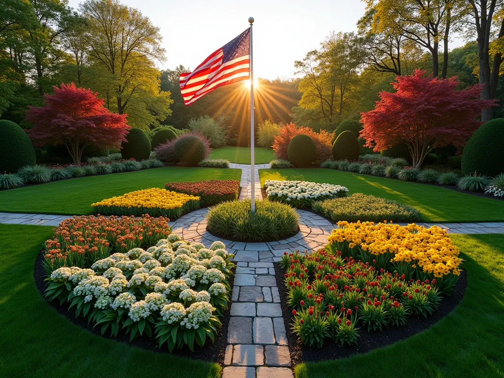 Four Seasons Flag Pole Garden - A circular garden design divided into four quadrants around a central flag pole, photographed at golden hour with a wide-angle lens. Each section represents a different season: spring showcases blooming tulips and daffodils, summer features vibrant hydrangeas and black-eyed susans, fall displays ornamental grasses and maple trees with red foliage, and winter exhibits evergreen boxwoods and holly bushes decorated with frost. Natural stone pathways separate each quadrant, creating a medallion pattern. A majestic American flag waves gently above, casting dynamic shadows across the landscape. Soft, warm sunlight filters through the scene, highlighting the varied textures and colors of each seasonal section. Shot at f/2.8 with subtle depth of field, ISO 400, capturing the ethereal quality of the transitioning light.