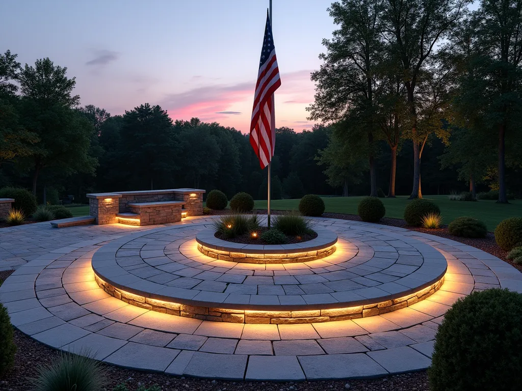 Illuminated Stone Circle Flag Pole Base - A stunning dusk photography of a residential backyard featuring a majestic flag pole centered within a circular stone paver arrangement. The natural granite pavers are expertly laid in a concentric pattern, with warm white LED strips elegantly placed between each stone ring, creating a soft, ethereal glow. The American flag gently waves in the evening breeze, while the illuminated stone border casts a sophisticated radiance across the landscaped space. Small ornamental grasses and dwarf boxwood shrubs accent the corners, while the stone pattern creates a modern, geometric focal point. The scene is captured from a 45-degree angle, showing both the detailed stonework and the full height of the flag pole, with the last rays of sunset creating dramatic shadows across the textured pavers. Photorealistic, architectural photography style, high-end landscape design.