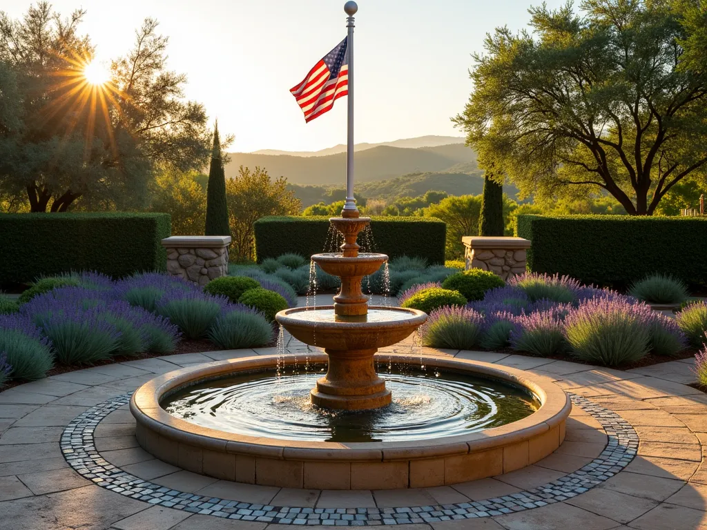 Mediterranean Flag Pole Fountain Garden - A serene garden scene at golden hour featuring a tall white flag pole with an American flag gently waving in the breeze, centered within a circular Mediterranean-style tiered fountain. The stone fountain features weathered terra cotta bowls cascading water into a reflecting pool base surrounded by a mosaic tile border. Clusters of purple lavender and silvery-green rosemary bushes encircle the fountain, creating a fragrant Mediterranean garden. Soft evening light casts long shadows across the textured stone pavers, while water sparkles and reflects the warm sunlight. Shot with a wide-angle lens to capture the full height of the flag pole and the surrounding garden landscape, with subtle motion blur in the flowing water. 16-35mm, f/2.8, ISO 400.