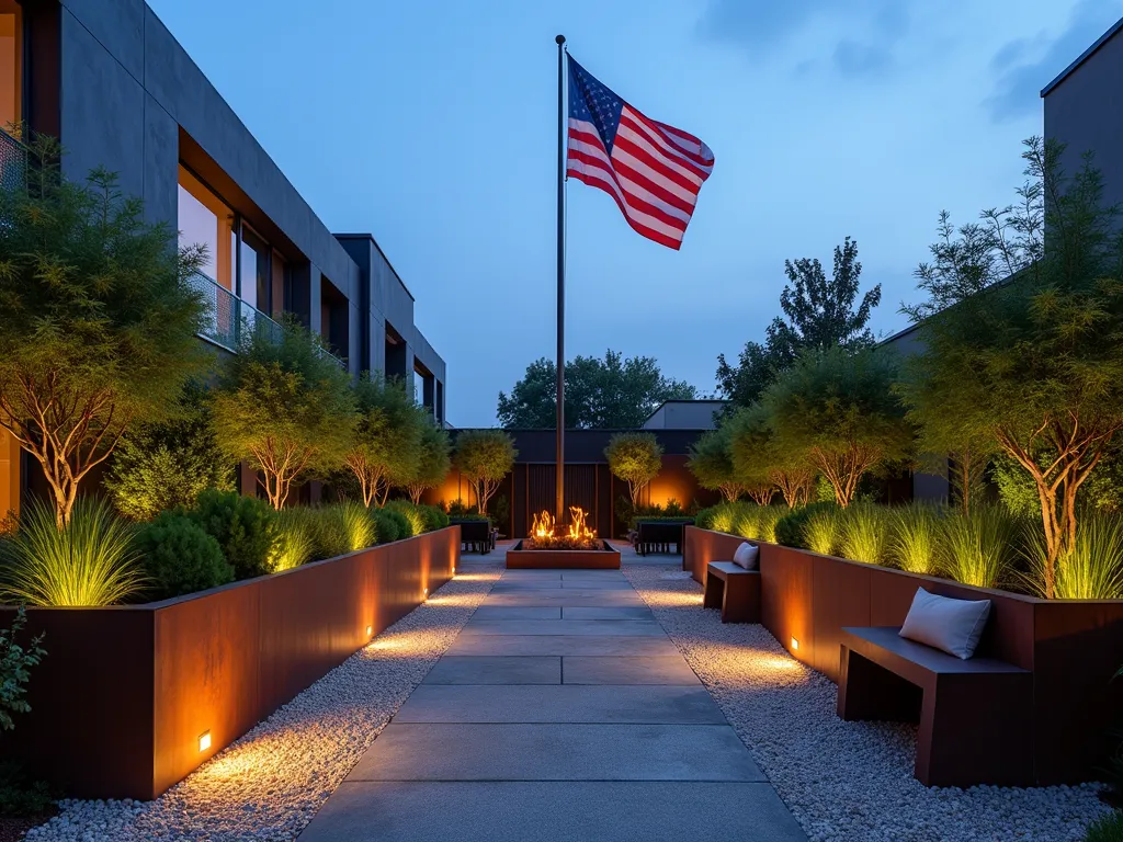 Modern Flag Pole Sculpture Garden - Wide-angle twilight shot of a sophisticated urban garden centered around a sleek metal flag pole. Geometric cor-ten steel planters of varying heights contain architectural plants like Mexican Feather Grass and Black Bamboo. Minimalist metal sculptures in abstract forms punctuate the space, while LED ground lighting creates dramatic shadows. Clean lines of crushed granite pathways intersect the garden, leading to a contemporary seating area with angular benches. The American flag gently waves against the dusky sky, while carefully positioned spotlighting illuminates both the flag and surrounding artistic elements. The composition emphasizes the interplay between natural and manufactured materials, with strong vertical lines and bold geometric shapes creating a striking visual harmony. Shot with shallow depth of field highlighting the textural contrast between smooth metal surfaces and organic plant forms.