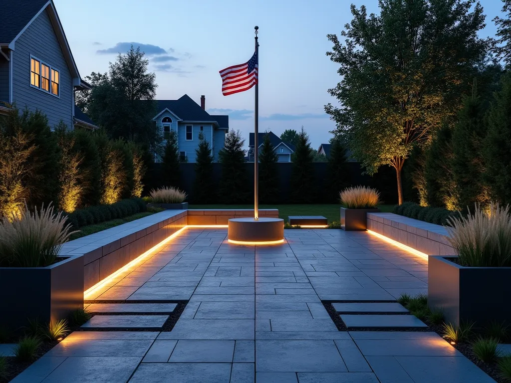 Modern Granite Plaza with Flag Pole - A sophisticated twilight scene of a modern backyard plaza featuring sleek dark granite pavers arranged in a striking geometric herringbone pattern, centered around a tall stainless steel flag pole. The space includes minimalist built-in concrete benches with LED strip lighting underneath, creating a soft ambient glow. Low-profile architectural spotlights illuminate the American flag against the dusky sky. Clean lines and angular design elements define the space, with subtle landscape lighting integrated into the paver joints. Modern metal planters with architectural grasses frame the corners of the plaza. Wide-angle perspective captures the entire memorial-style gathering space, emphasizing the contemporary design and peaceful atmosphere.