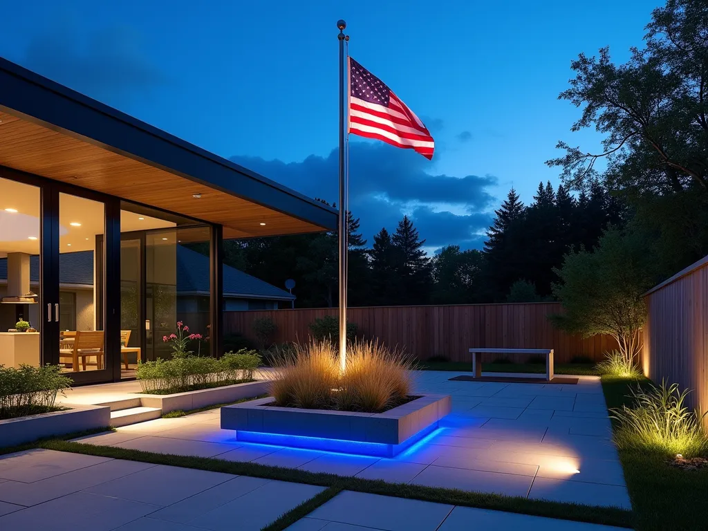 Modern LED Flag Pole Garden at Dusk - A sleek, minimalist garden space at dusk featuring a tall, contemporary stainless steel flag pole illuminated by programmable LED strips that cast a patriotic red, white, and blue glow. The flag pole rises from a geometric concrete platform surrounded by angular raised planters with low-growing ornamental grasses. Clean-lined pathway lights and embedded ground lighting create dramatic shadows across modern concrete pavers. The hardscape design features crisp angles and straight lines, with a floating bench nearby. Captured in a wide-angle perspective showing the full yard space with modern architectural elements in soft twilight, emphasizing the dramatic LED lighting effects.