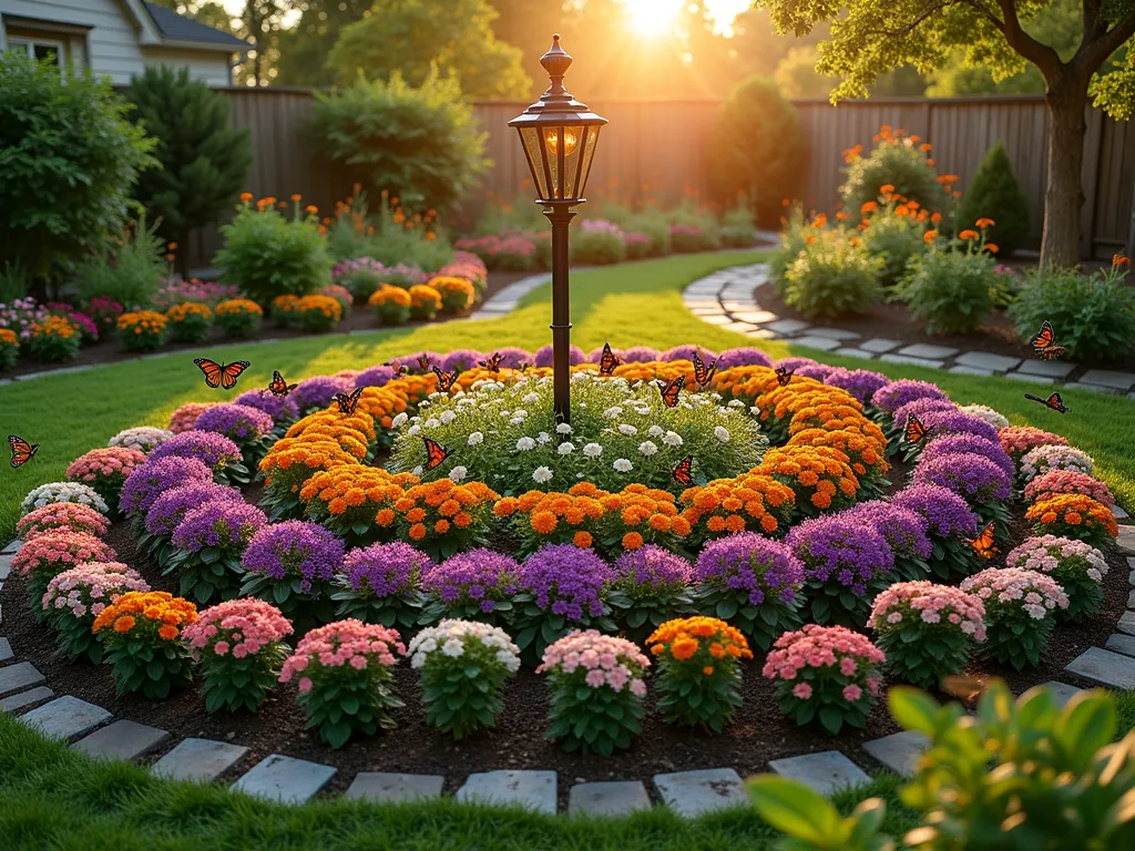 Patriotic Butterfly Garden Circle - A tranquil backyard garden scene at golden hour, featuring concentric circles of vibrant flowering plants surrounding a central decorative flag pole. Rich purple butterfly bush, orange milkweed, and multicolored zinnias create a stunning color palette. Dozens of monarch butterflies and other pollinators dance among the blooms. The circular garden design is viewed from a slightly elevated angle, capturing the perfect symmetry of the layout. Natural stone pathways weave between the plant rings, while the setting sun casts long, warm shadows across the garden. The scene is photographed with a wide-angle perspective to showcase the full garden design within its landscape setting.