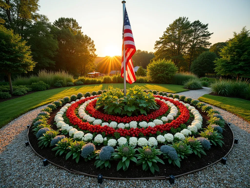 Patriotic Edible Garden Circle - A stunning DSLR wide-angle photograph of a circular edible garden surrounding a majestic American flag pole at golden hour. The garden features concentric rings of red strawberries, white cauliflower, and blue sage arranged in a formal pattern resembling the American flag. Fresh herbs and vegetables are artistically integrated between the rings, creating a productive yet decorative display. The setting sun casts long shadows across the well-maintained garden beds, while the flag gently waves in the evening breeze. The garden is bordered by a neat gravel pathway and features small identification markers for each plant variety. Shot at f/8 with natural lighting highlighting the vibrant colors and textures of the edible plants.