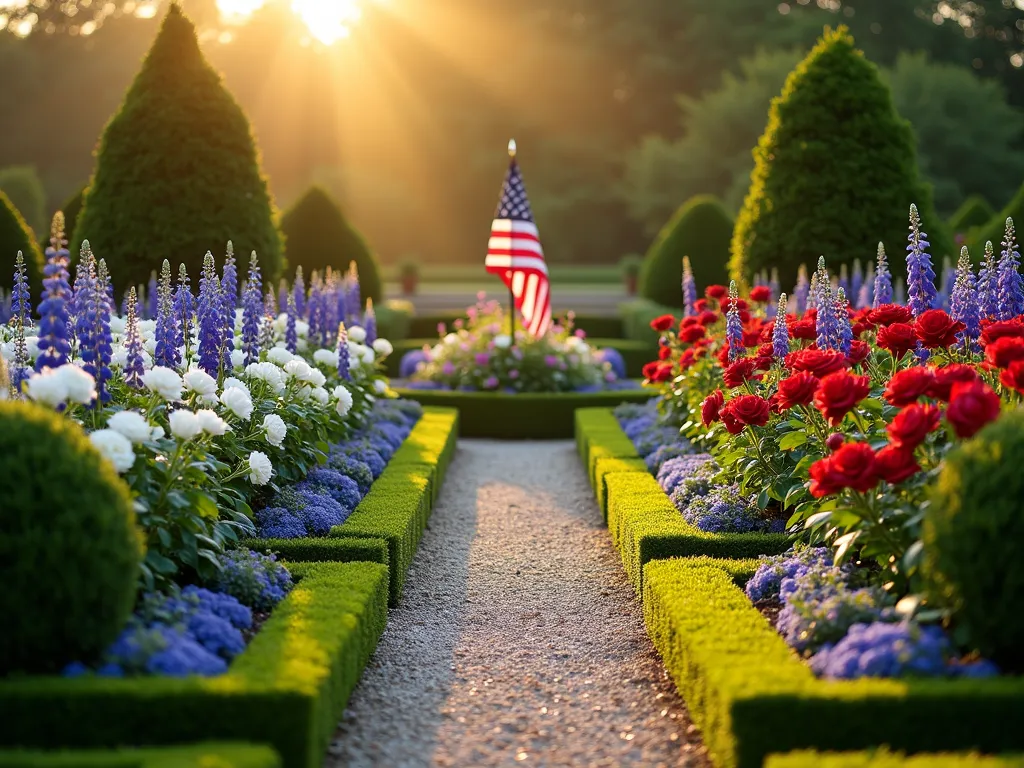 Patriotic Rose Garden with Formal Borders - A stunning formal garden photographed at golden hour, featuring a symmetrical arrangement of red 'Veterans' Honor' roses, pristine 'White Perfection' roses, and statuesque blue delphiniums, all meticulously bordered by perfectly manicured boxwood hedges. The garden is captured from a medium-wide angle, showing the geometric patterns of the planting beds arranged in a circular design. Soft, warm sunlight filters through, creating a magical glow on the flowers, while casting gentle shadows from the boxwood borders. The roses are in full bloom, their petals detailed and vivid, with the blue delphiniums providing height and vertical interest. A small American flag stands proudly in the center of the arrangement. The garden path is lined with crushed granite, leading viewers through the patriotic display. Professional DSLR capture with perfect depth of field shows every detail of the flowers while maintaining overall garden composition.