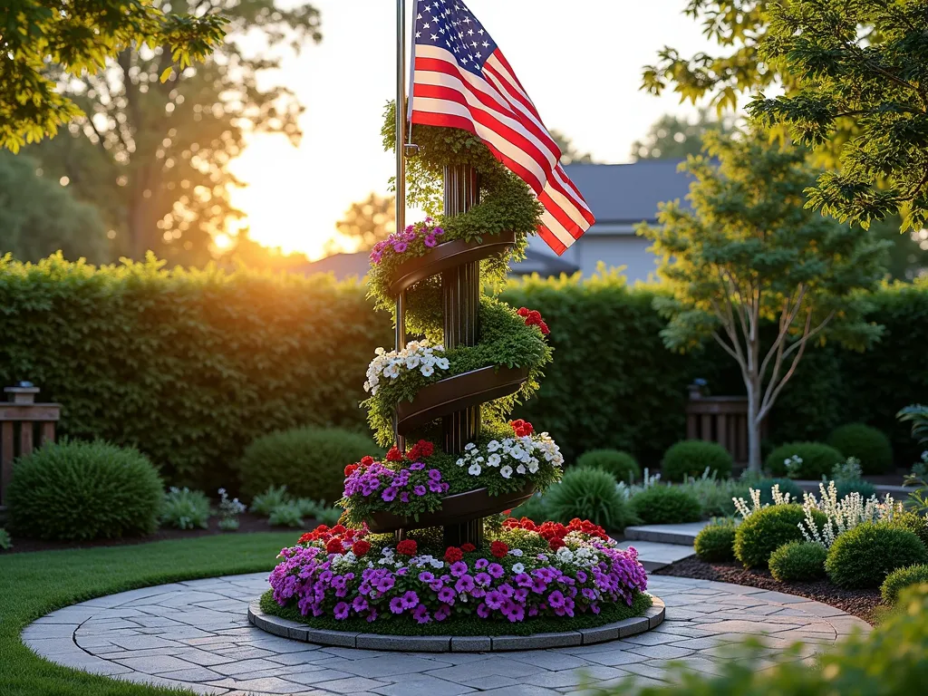 Patriotic Living Tower Garden with Flag Pole - A majestic American flag pole centerpiece surrounded by a stunning vertical garden tower in a residential backyard, captured during golden hour. Multi-tiered circular planters create a graceful spiral effect around the pole's base, featuring cascading purple Wave petunias, crimson Million Bells, and white Bacopa draping dramatically downward. Boston ivy and Virginia creeper climb elegant trellises, creating a living green column that draws the eye upward toward the gently waving American flag. The garden tower is photographed from a low angle, emphasizing its height and grandeur, with warm sunset light filtering through the foliage. Natural stone pavers form a circular pattern at the base, with soft landscape lighting beginning to glow as dusk approaches. Photorealistic, high detail, architectural garden design.