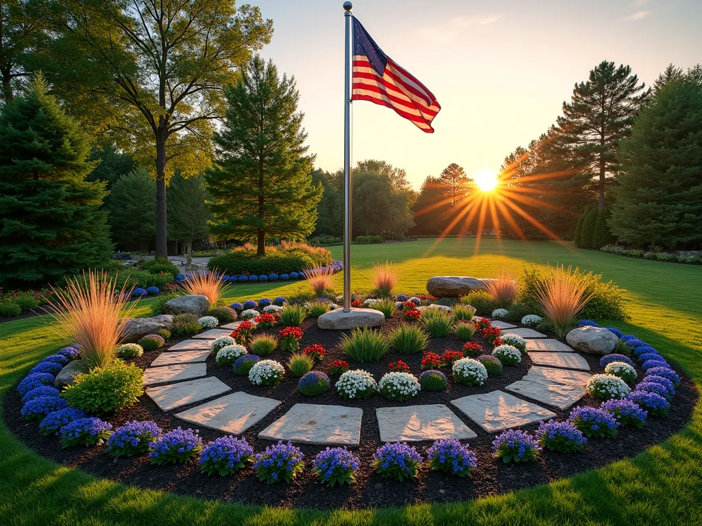 Patriotic Rain Garden with Flag Pole - A stunning DSLR wide-angle photograph of a circular rain garden surrounding a majestic American flag pole, captured during golden hour. The garden features concentric rings of native plants including blue iris, red cardinal flowers, and white coneflowers creating a natural patriotic color scheme. Decorative river rocks form elegant swirling patterns between plant clusters, with larger boulder accents. A gentle depression in the landscape creates natural water collection, while ornamental grasses sway in the breeze. The setting sun casts long shadows across the garden, highlighting the textures of the plants and stones, while the American flag gently waves against a warm sky. The garden is seamlessly integrated into a larger backyard landscape, with a natural stone pathway leading to the feature. Shot at f/8 for optimal depth of field, capturing both the detailed plantings and the full majesty of the flag pole.