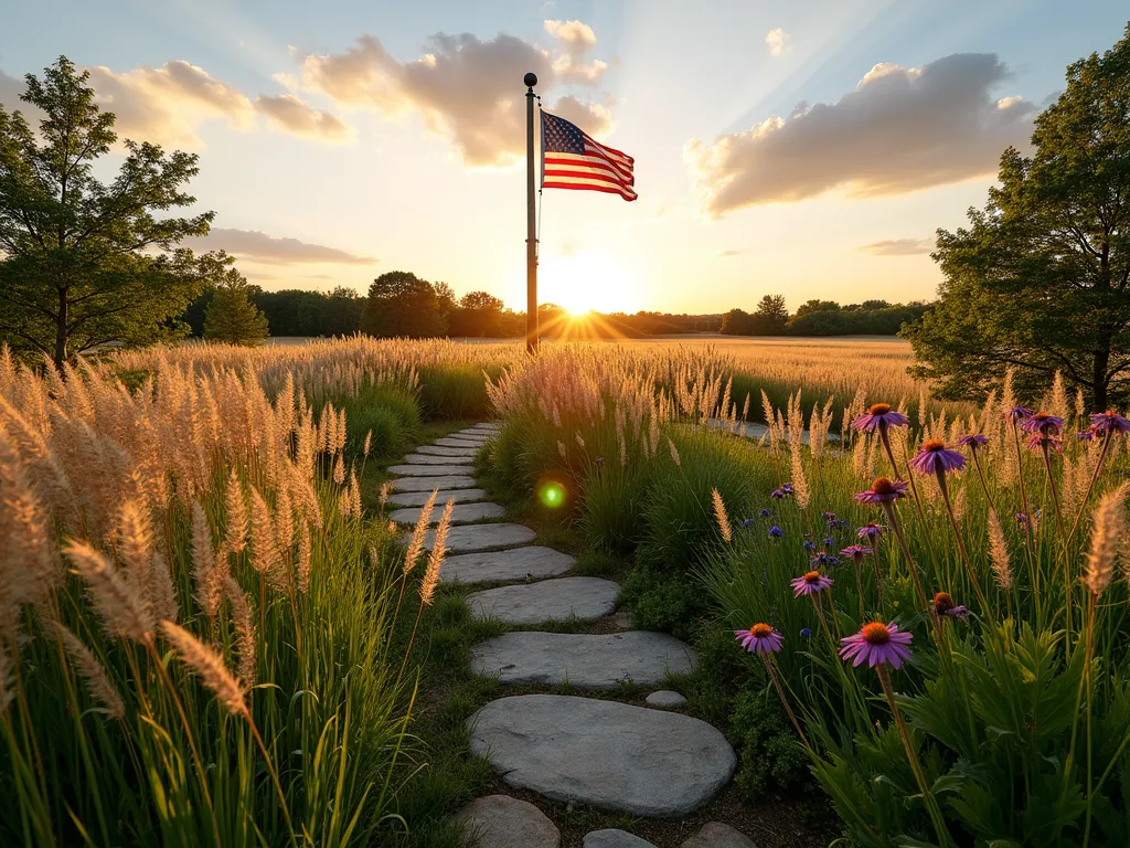 Prairie Style Flag Pole Garden with Native Grasses - A stunning wide-angle DSLR photo of a rustic flag pole garden at golden hour, featuring a naturalistic meadow design. Tall switchgrass and little bluestem create waves of golden movement in the foreground, while purple coneflowers add bursts of color throughout. The garden showcases a weathered cedar flag pole rising majestically from the center of the prairie garden, with an American flag gently waving in the evening breeze. Natural stone pathways wind through the prairie grasses, and the low-angled sunlight creates a magical backlit effect through the flowing grass plumes. The composition captures the wild, untamed beauty of American prairie landscapes while maintaining a sophisticated garden design aesthetic. Shot with a wide-angle lens at f/8, ISO 100, creating a dreamy depth of field that emphasizes both the detail of individual plants and the sweeping expanse of the meadow garden.