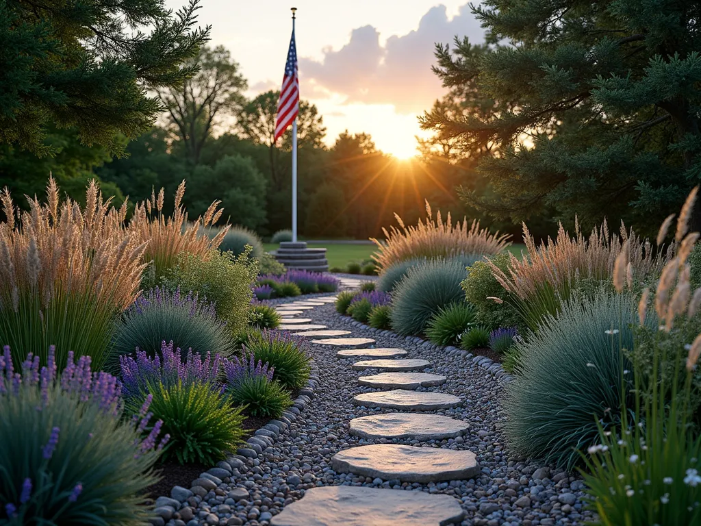 Sensory Garden Path with Flag Pole - A DSLR wide-angle photograph of a curved, enchanting garden path leading to a majestic American flag pole at dusk. The meandering pathway features mixed textures including smooth river rocks, rustic stepping stones, and crushed granite. Borders lined with tall ornamental grasses swaying in the breeze, creating gentle rustling sounds. Purple and white lavender, fragrant rosemary, and silver artemisia provide aromatic appeal, while lamb's ear offers soft, tactile interest. Mexican feather grass catches golden hour light, creating a ethereal atmosphere. Path illuminated by subtle landscape lighting. Composition shows depth with flag pole as focal point in background. 8K quality, f/8 aperture, natural lighting.