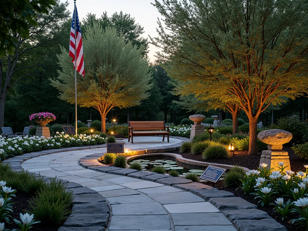 Tranquil Memorial Garden with Flag Pole - A serene memorial garden retreat at dusk, photographed with a wide-angle lens capturing a dignified American flag pole as the centerpiece. A curved stone path leads to an intimate meditation area with a comfortable teak bench nestled beneath flowering dogwood trees. White peace lilies and pristine gardenias border the path, their blooms glowing softly in the fading light. Bronze memorial plaques rest on natural stone pedestals, while gentle landscape lighting creates a reverent atmosphere. The scene includes a small reflecting pool with water lilies, offering a peaceful spot for contemplation. Professional DSLR photo with perfect depth of field showing the interplay of shadows and golden hour light.