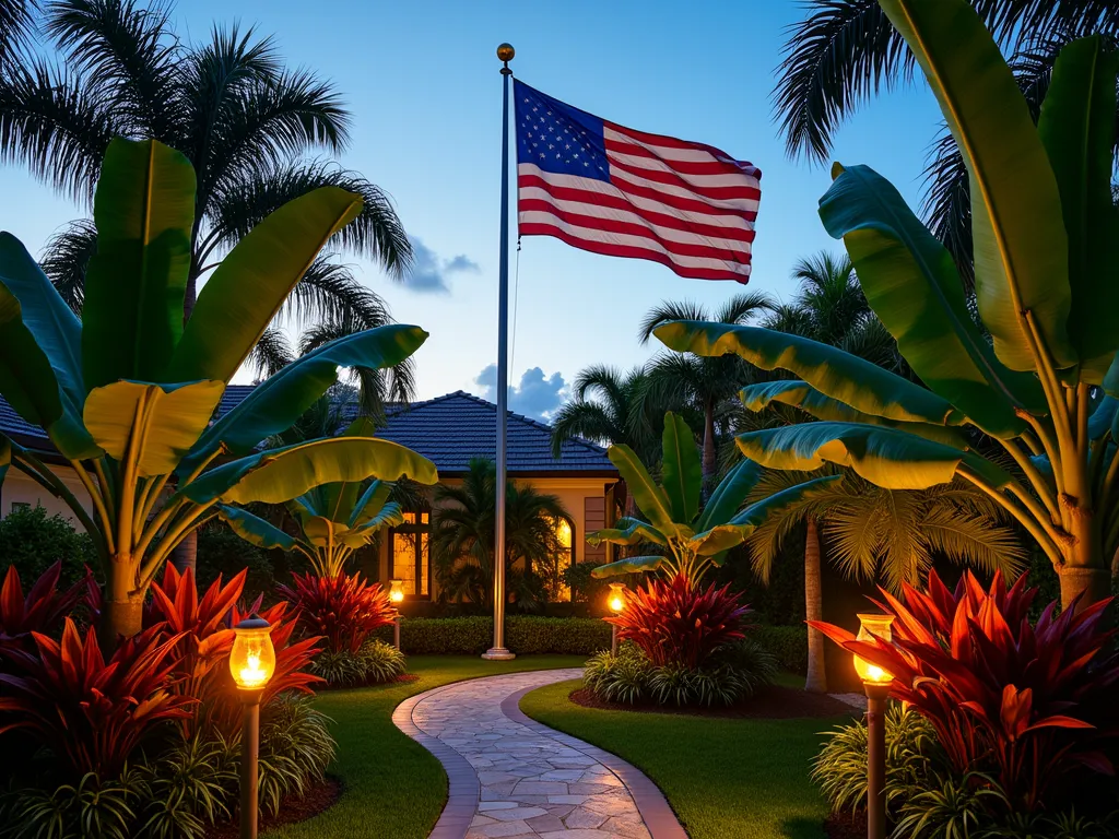 Tropical Flag Pole Paradise at Dusk - A stunning backyard garden scene at dusk, captured with a wide-angle lens showing a majestic American flag pole surrounded by a lush tropical paradise. Dramatic uplighting illuminates towering banana plants with massive leaves, vibrant red and orange cannas, and giant elephant ears creating layers of tropical foliage. Palm trees frame the scene while exotic hibiscus and birds of paradise add bursts of color. Tiki torches provide warm ambient lighting, casting dramatic shadows across the landscaping. The flag gently waves in the evening breeze, photographed with shallow depth of field at f/2.8, creating a dreamy bokeh effect in the background. High-end architectural lighting highlights the textural details of the tropical foliage, while a curved stone pathway leads the eye through the garden.