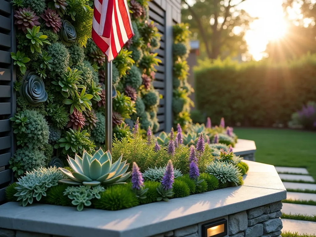 Vertical Garden Flag Pole Border - A stunning close-up shot of a modern American flag pole base surrounded by lush vertical garden panels in a contemporary residential backyard. The living wall features a cascading arrangement of diverse succulents in varying shades of green, purple, and blue, interspersed with delicate maiden hair ferns and blooming purple coneflowers. The modular panels create a hexagonal border around the pole, rising 4 feet high, with sunlight filtering through the foliage during golden hour. The stainless steel flag pole emerges majestically from the center, with the American flag gently waving against a soft-focus background of mature trees. Shot with a wide-angle lens at f/8, capturing the intricate textures of the living wall while maintaining sharp detail throughout the composition. Professional garden lighting fixtures illuminate the base, creating subtle shadows and depth.