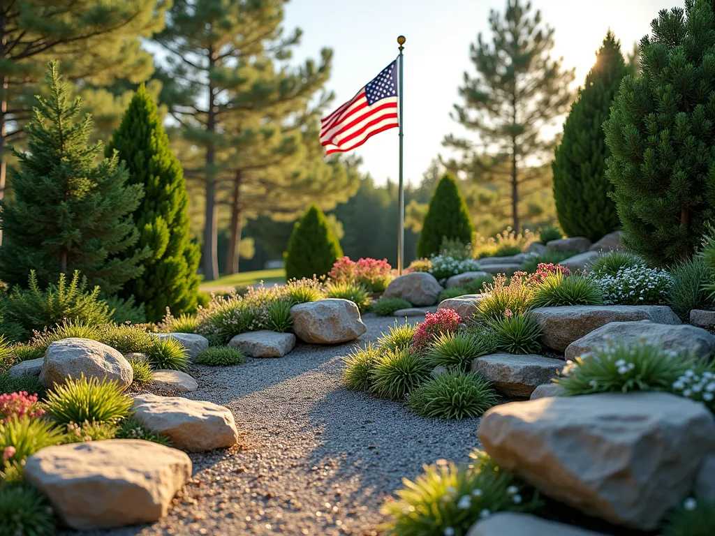 Alpine Flagpole Rock Garden - A stunning DSLR wide-angle shot of a residential flagpole garden featuring a meticulously designed alpine rock garden. Various sized granite and limestone rocks create natural terraces around the flagpole base, complemented by clusters of vibrant alpine plants. Small dwarf conifers dot the landscape, while drought-resistant sedum and saxifraga cascade over weathered boulders. Fine gravel pathways wind through the miniature mountain landscape, catching golden afternoon sunlight. The American flag waves gently above the naturalistic display, its pole anchored within the rocky terrain. Crystal-clear photography at f/8 captures the intricate textures of the rocks and delicate alpine flora, with perfect depth of field showing both close details and the broader garden composition.