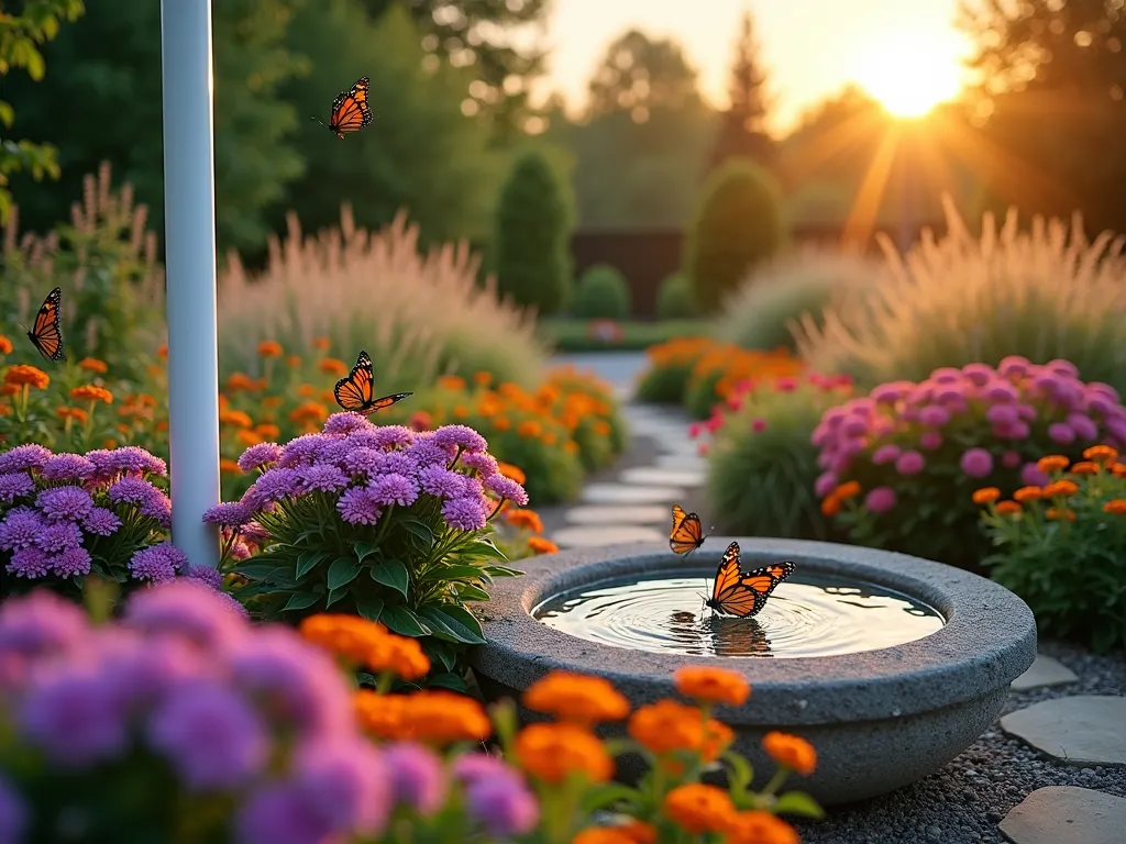 Butterfly Haven Flagpole Garden - A serene backyard garden scene at golden hour, captured with a wide-angle lens showcasing a tall white flagpole surrounded by a vibrant butterfly garden. Masses of purple butterfly bush, orange lantana, and pink zinnias create concentric circles of blooming flowers. Butterflies flutter among the flowers, their wings catching the warm evening light. A decorative shallow stone basin with small pebbles serves as a butterfly puddling station, reflecting the sunset. Natural stone pathways wind through the garden, while ornamental grasses provide subtle movement in the background. Shot at f/2.8 with soft bokeh effect, creating a dreamy, enchanted garden atmosphere.