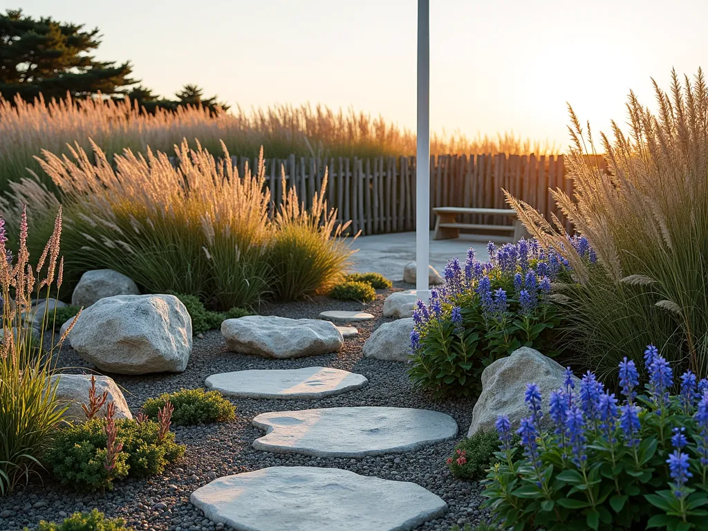 Coastal Flagpole Garden Retreat - A serene coastal garden setting at golden hour, photographed with a wide-angle lens capturing a white flagpole as the centerpiece. Swaying ornamental beach grasses and vibrant blue salvias create a naturalistic coastal meadow effect. Weathered driftwood pieces and large, smooth beach stones are artfully arranged among the plantings. Shell-lined stepping stones wind through the garden, while coastal muhly grass catches the warm evening light, creating a pink-tinged haze. A rustic wooden bench nestled among the grasses offers a peaceful viewing spot. The garden features varying heights of vegetation, from low-growing sedums to tall feather reed grass, creating depth and movement. Natural beach fencing in the background adds authentic coastal charm.