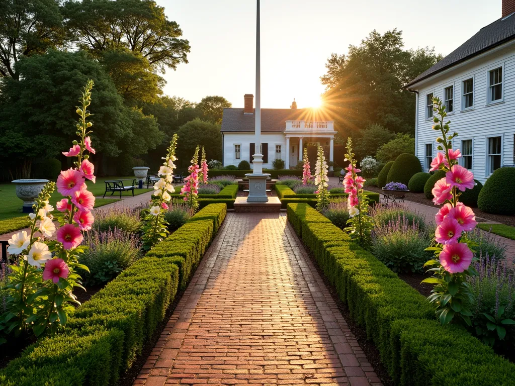 Colonial Heritage Garden with Flagpole - A wide-angle view of an elegant colonial-style garden at golden hour, centered around a traditional white flagpole. Symmetrical brick pathways lined with neatly trimmed boxwood hedges lead to the flagpole. Vibrant hollyhocks in pink and white stand tall against a white colonial-style house backdrop. Historic herbs like lavender and sage fill formal garden beds. Period-appropriate decorative elements include a weathered sundial, wrought iron benches, and colonial-style lanterns. The garden features a classic parterre design with geometric patterns, while heritage roses climb traditional wooden trellises. The warm evening light casts long shadows across the cobblestone borders, highlighting the garden's historical authenticity and formal design principles.