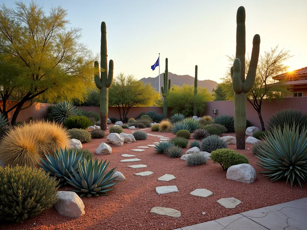 Desert Xeriscape Flagpole Garden at Sunset - A stunning desert xeriscape garden photographed at golden hour, featuring a tall silver flagpole as the centerpiece. The landscape showcases multiple layers of drought-resistant plants, including majestic Saguaro cacti, blue agaves, and golden barrel cacti arranged in artistic clusters. Desert-toned decorative gravel in rust and sand colors creates flowing pathways between carefully positioned limestone boulders. Various sized Mexican feather grass adds movement, while red yucca provides bursts of coral color. The wide-angle composition captures the entire yard with dramatic shadows cast by the setting sun, highlighting the sculptural qualities of the desert plants. Professional DSLR photo with perfect exposure showing the intricate textures of the xeriscaping elements.