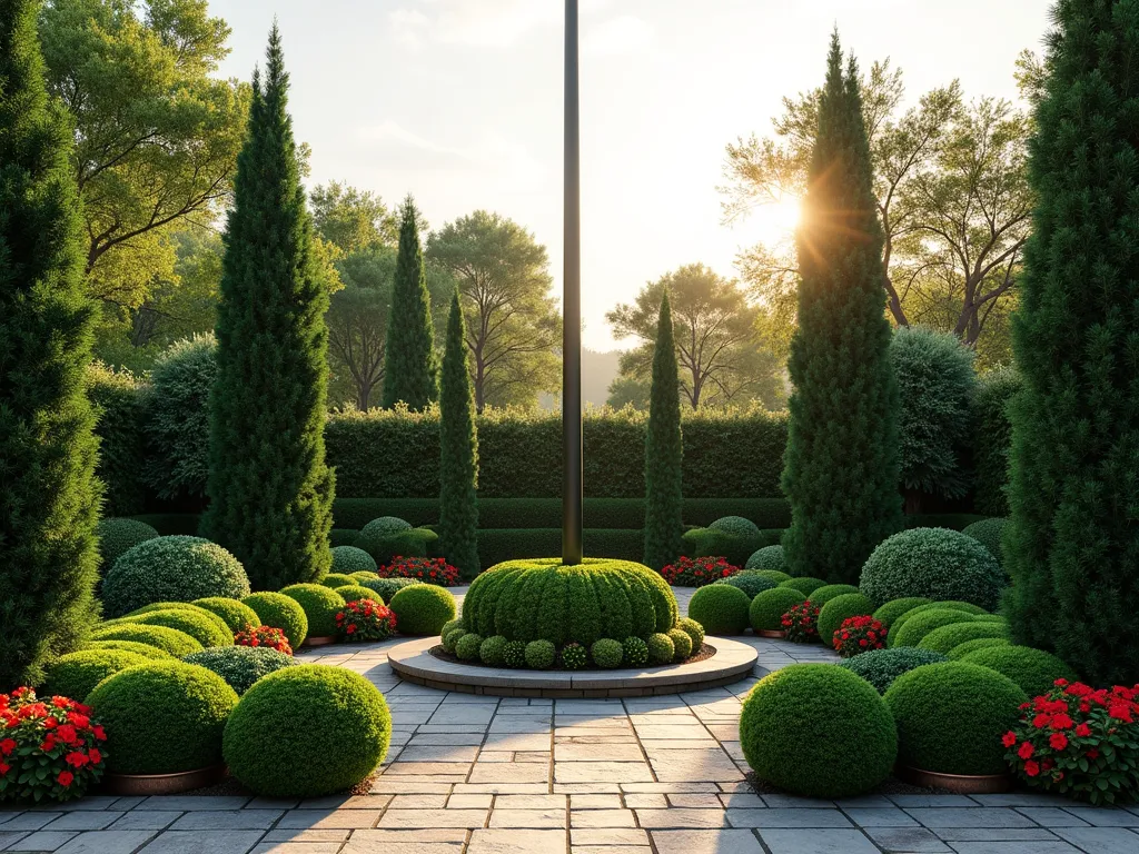 Evergreen Flagpole Garden Base - A majestic flagpole garden at golden hour, featuring a harmonious layered design of evergreen plants. In the foreground, dense Japanese Yew bushes create a strong foundation, while elegant columnar Blue Spruce trees frame the flagpole. Varying heights of Boxwood spheres and Korean Cypress add architectural interest. The textural contrast between needle-like and broad-leaf evergreens creates depth, with Japanese Holly and Mountain Laurel providing glossy dark green accents. Bright red Geraniums in copper planters add seasonal pops of color. Soft evening sunlight filters through the foliage, casting gentle shadows across a circular stone pathway surrounding the flagpole base. Shot from a three-quarter perspective to showcase the dimensional layering of the garden design. Photorealistic, high detail, professional garden photography.