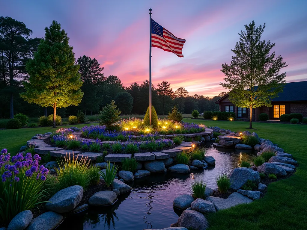 Flagpole Rain Garden at Twilight - A stunning twilight photograph of a residential rain garden centered around a majestic flagpole, captured with a wide-angle lens. The garden features concentric circles of native moisture-loving plants in graduated depressions, creating a natural water filtration system. Purple coneflowers, blue iris, and wetland sedges cascade in tiers, while ornamental river rocks line the shallow basins. Soft landscape lighting illuminates the American flag and casts gentle shadows across the rain garden's flowing design. Morning dew glistens on the plants, with the last rays of sunset reflecting off small pools of collected rainwater. The scene perfectly balances functionality with aesthetic appeal, showcasing sustainable landscaping principles in a patriotic setting.