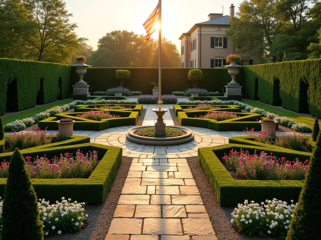 Formal European Parterre Garden with Central Flagpole - A wide-angle, golden hour shot of an elegant formal European parterre garden centered around a stately flagpole. Immaculately manicured boxwood hedges create intricate geometric patterns, forming symmetrical compartments filled with blooming lavender and red roses. Crushed limestone pathways intersect the garden in a cross pattern, leading to the central flagpole. Classical stone urns with trailing geraniums mark the corners, while perfectly trimmed topiaries frame the space. The low evening sun casts long shadows across the formal garden, highlighting the dimensional quality of the hedges and creating a warm, romantic atmosphere. A traditional stone fountain provides a focal point at the base of the flagpole, surrounded by precisely arranged beds of white alyssum and blue delphiniums.