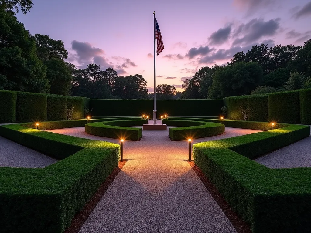 Formal Geometric Boxwood Flagpole Garden - A stunning dusk photograph of an elegant formal garden centered around a tall flagpole, captured with a wide-angle lens. Perfectly manicured boxwood hedges form a precise geometric diamond pattern, creating four symmetrical quadrants around the flagpole. Light-colored crushed granite pathways contrast beautifully with the deep green boxwoods, intersecting at right angles. Soft twilight illumination casts gentle shadows across the geometric patterns, while subtle landscape lighting highlights the hedges' clean lines. The American flag gently waves against a purple-orange sky. The meticulous design showcases classic formal garden architecture with a modern twist, photographed at f/2.8 with subtle depth of field, creating an atmosphere of timeless sophistication.