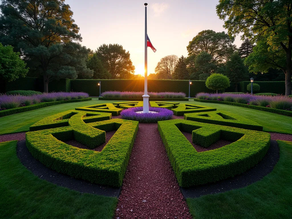 Elegant Knot Garden with Central Flagpole - A formal knot garden at twilight, photographed with a wide-angle lens capturing the intricate geometric patterns of precisely trimmed boxwood hedges forming a symmetrical Celtic knot design around a majestic white flagpole. The pathways between the hedges are filled with crushed burgundy gravel and vibrant purple lavender blooms. Soft landscape lighting illuminates the garden's detailed patterns, while a golden sunset casts long shadows across the perfectly manicured design. The flagpole stands proudly in the center, its flag gently moving in the evening breeze. Shot at f/2.8 with subtle depth of field, emphasizing the garden's geometric precision and formal elegance.