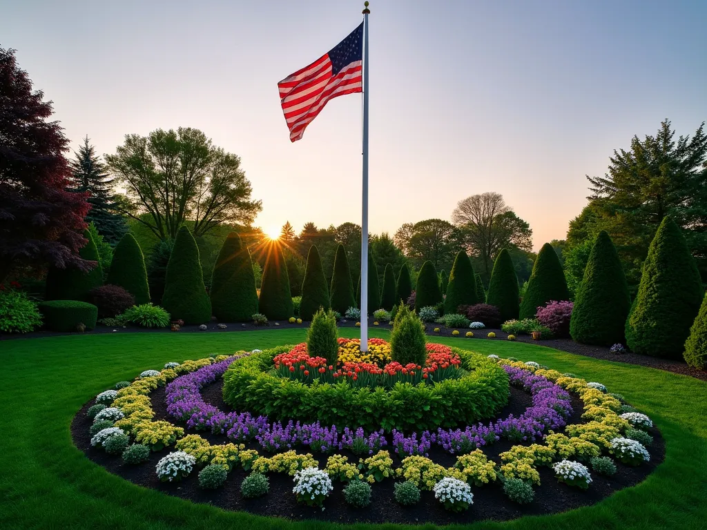 Four-Season Flagpole Garden Display - A stunning circular garden bed around a majestic flagpole at dusk, photographed at eye level with soft golden lighting. The garden features concentric rings of varied plantings: evergreen boxwoods and dwarf conifers providing structure, vibrant tulips and daffodils emerging through winter-worn ground, blooming purple coneflowers and black-eyed susans in full summer glory, and burning bush shrubs showing early fall colors. Winter interest is maintained with red winterberry holly and graceful Karl Foerster feather reed grass catching the evening light. The American flag gently waves above, creating a stunning focal point in this meticulously planned four-season garden display.