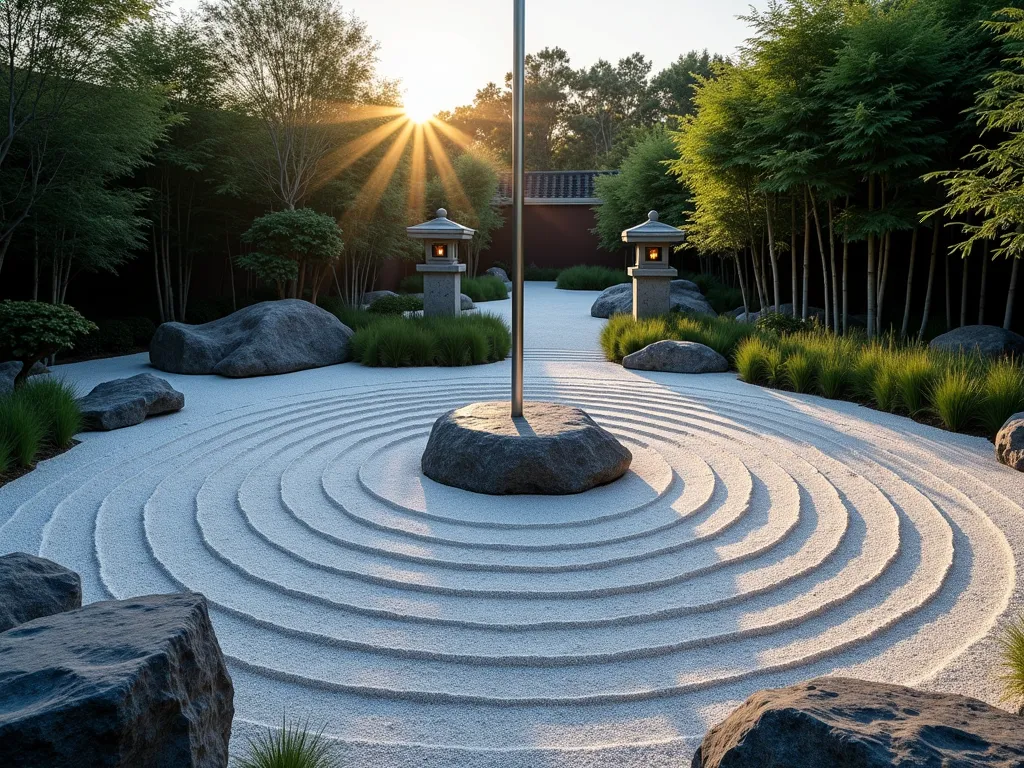 Serene Flagpole Zen Garden at Dusk - A stunning DSLR wide-angle photograph of a Japanese-inspired zen garden at dusk, centered around a sleek silver flagpole. Concentric circles of meticulously raked white gravel radiate from the flagpole base, creating mesmerizing ripple patterns. Large, weathered granite rocks are artfully positioned throughout the space, their shadows elongated in the golden hour light. Clusters of elegant black bamboo stand tall along the perimeter, while flowing Japanese forest grass (Hakonechloa macra) adds gentle movement in the foreground. Traditional stone lanterns cast a soft, warm glow across the gravel patterns. The scene captures perfect symmetry and balance, with the flagpole serving as the focal point of this tranquil space. Shot at f/8 with natural lighting highlighting the texture of the gravel patterns and casting subtle shadows from the rocks and plantings.