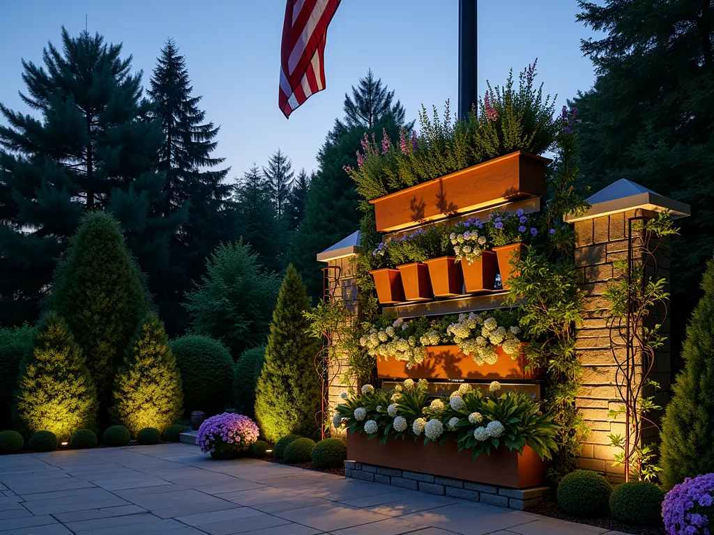 Luxuriant Flagpole Living Wall Garden - A dramatic twilight shot of a majestic residential flagpole surrounded by a stunning vertical garden installation. Multiple tiers of wall-mounted cedar planters cascade around the flagpole's base, filled with lush ferns and flowering vines. Climbing hydrangeas and jasmine spiral upward on decorative copper trellises, creating a living column effect. The garden features integrated LED lighting that illuminates the layered plantings, casting ethereal shadows on the surrounding patio. Various heights of vertical gardening elements create a natural rhythm, with deep green Boston ivy providing a dense backdrop. The American flag gently waves above, its colors complementing the purple clematis and white climbing roses below. The composition is photographed from a low angle, emphasizing the height and grandeur of the vertical garden installation.