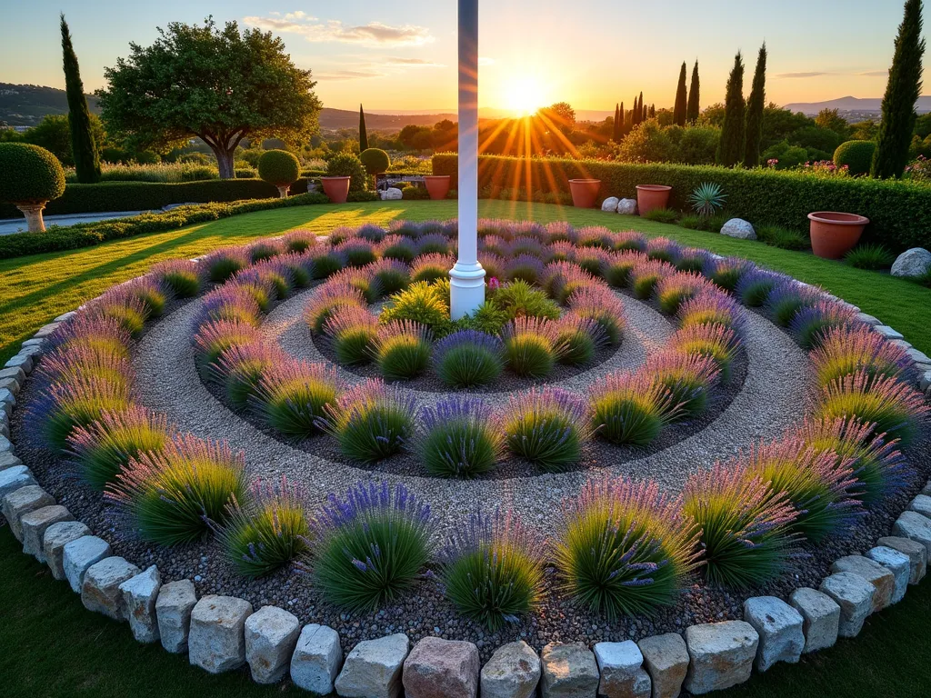 Mediterranean Flagpole Herb Garden at Sunset - A stunning DSLR wide-angle photograph of a circular Mediterranean herb garden surrounding a classic white flagpole, captured during golden hour sunset. Concentric rings of vibrant lavender, silvery-green rosemary, and creeping thyme create a mesmerizing spiral pattern, separated by neat gravel pathways. The herbs cast long shadows across the crushed stone mulch, while the evening light catches the aromatic oils in the air. Small terracotta pots and Mediterranean-style ornaments accent the space, with the flagpole standing proudly in the center. The garden is edged with weathered natural stones, and distant cypress trees frame the scene. Professional lighting highlights the textural contrast between the smooth pole, rough gravel, and soft flowing herbs.